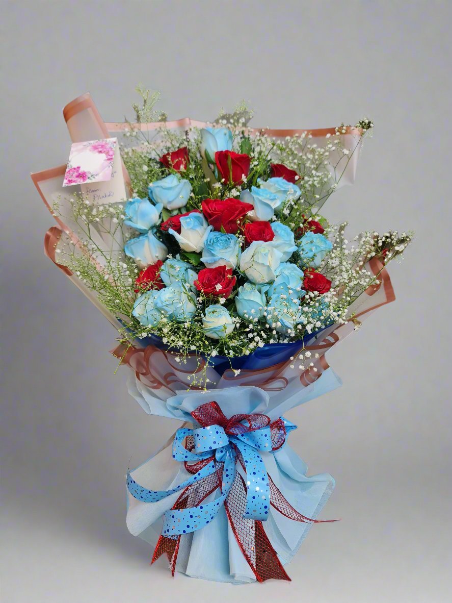 A breathtaking bouquet of blue and red roses, ideal for special occasions.