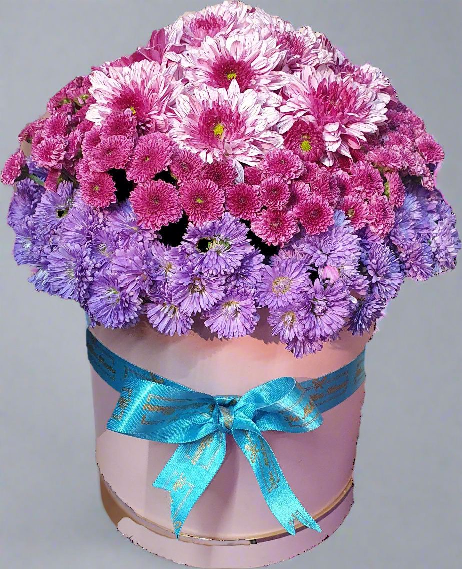 Elegant bouquet of purple-pink daisies & white-pink gerberas in a pink box, perfect for gifting. Vibrant, delicate, and beautifully arranged.